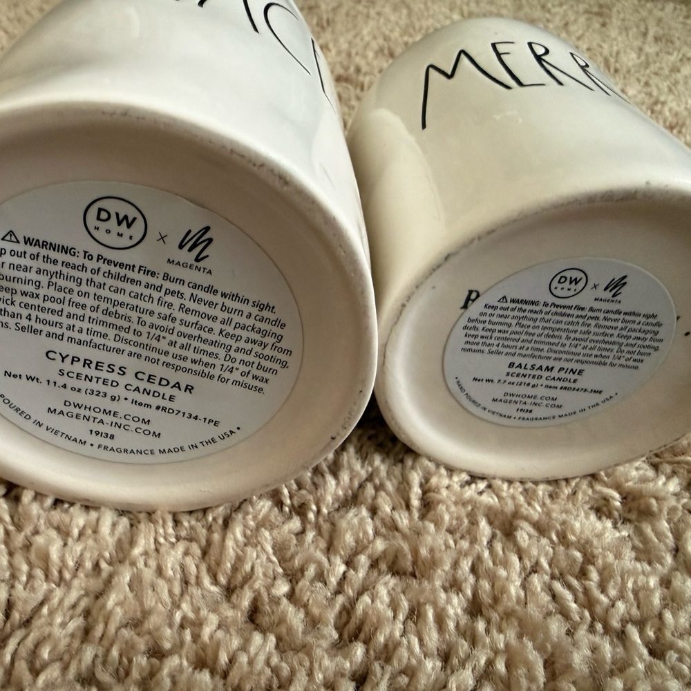 NEW Rae Dunn Candles Set Of 2 _ Peace And Merry White Ceramic Holiday Decor - Picture 2 of 4